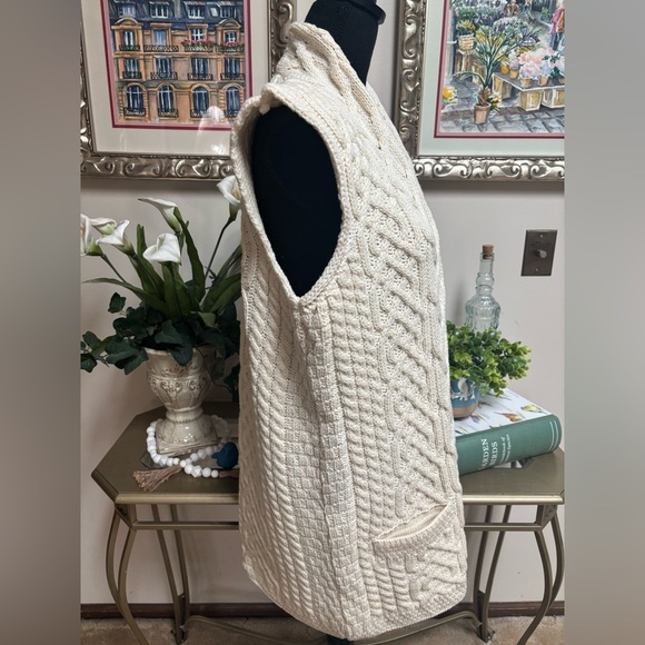 KILRONAN IRELAND KNITWEAR MERINO WOOL CREAM CABLE KNIT OPEN FRONT VEST SZ S-L - Picture 4 of 14